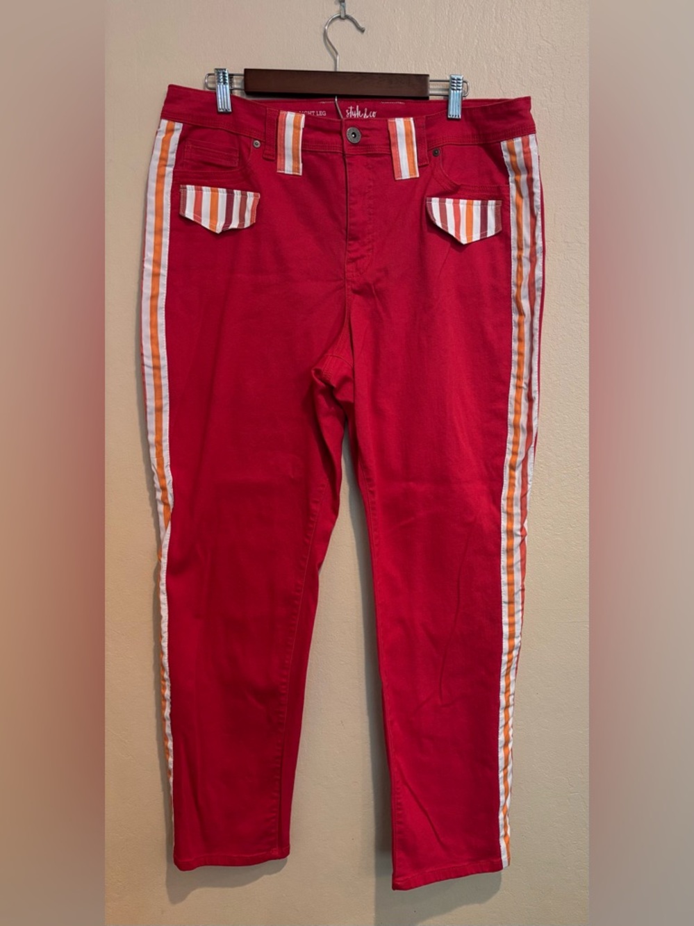 Hip Cowgirl Watermelon Red Straight Leg Jeans, with Western Stripes and Pockets